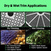 Hygrohub T250X Bud Trimmer Comparison of dry and wet trimming applications with text and images on a green background.
