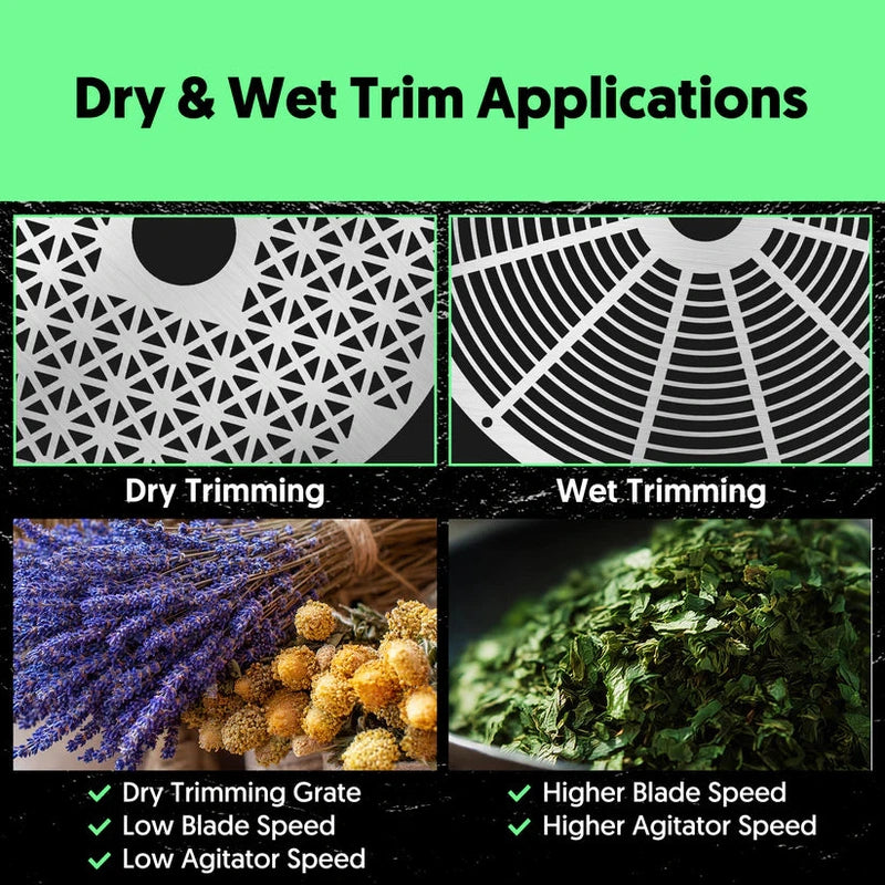 Hygrohub T250X Bud Trimmer Comparison of dry and wet trimming applications with text and images on a green background.