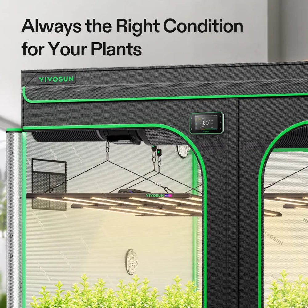 Vivosun 8x8 Smart Grow Tent Kit – 4x 500W LumaLight & GrowHub E42A+ Vivosun indoor grow tent with a black frame, green LED lighting, and a digital temperature controller, shown with plants inside and promotional text at the top.