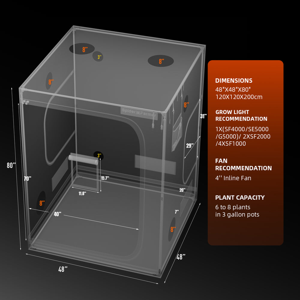 Spider Farmer G5000 4x4 Smart Grow Tent Kit – 480W Full Spectrum LED, App-Controlled Ventilation, GGS Climate System Growth chamber with dimensions and recommendations on a black background