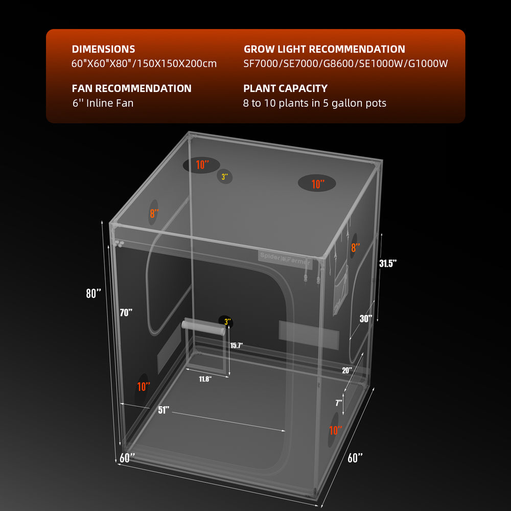 Spider Farmer 5x5 Smart Grow Tent Kit – G8600 800W Full Spectrum LED with dimensions and recommendations for grow lights and fans on a black background