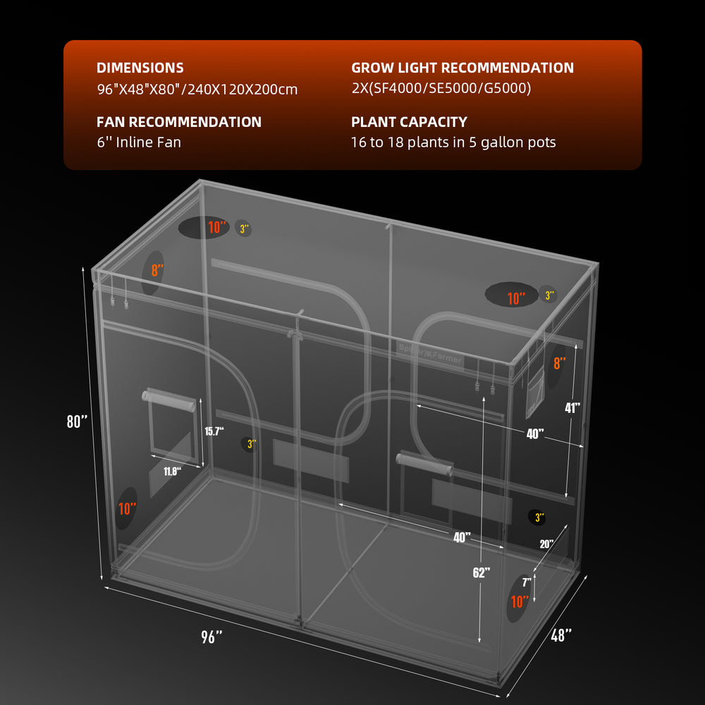 Spider Farmer 8x4x6.5 Grow Tent Kit – 2x G5000 Full Spectrum LEDs, Smart GGS Climate Control dimensions 