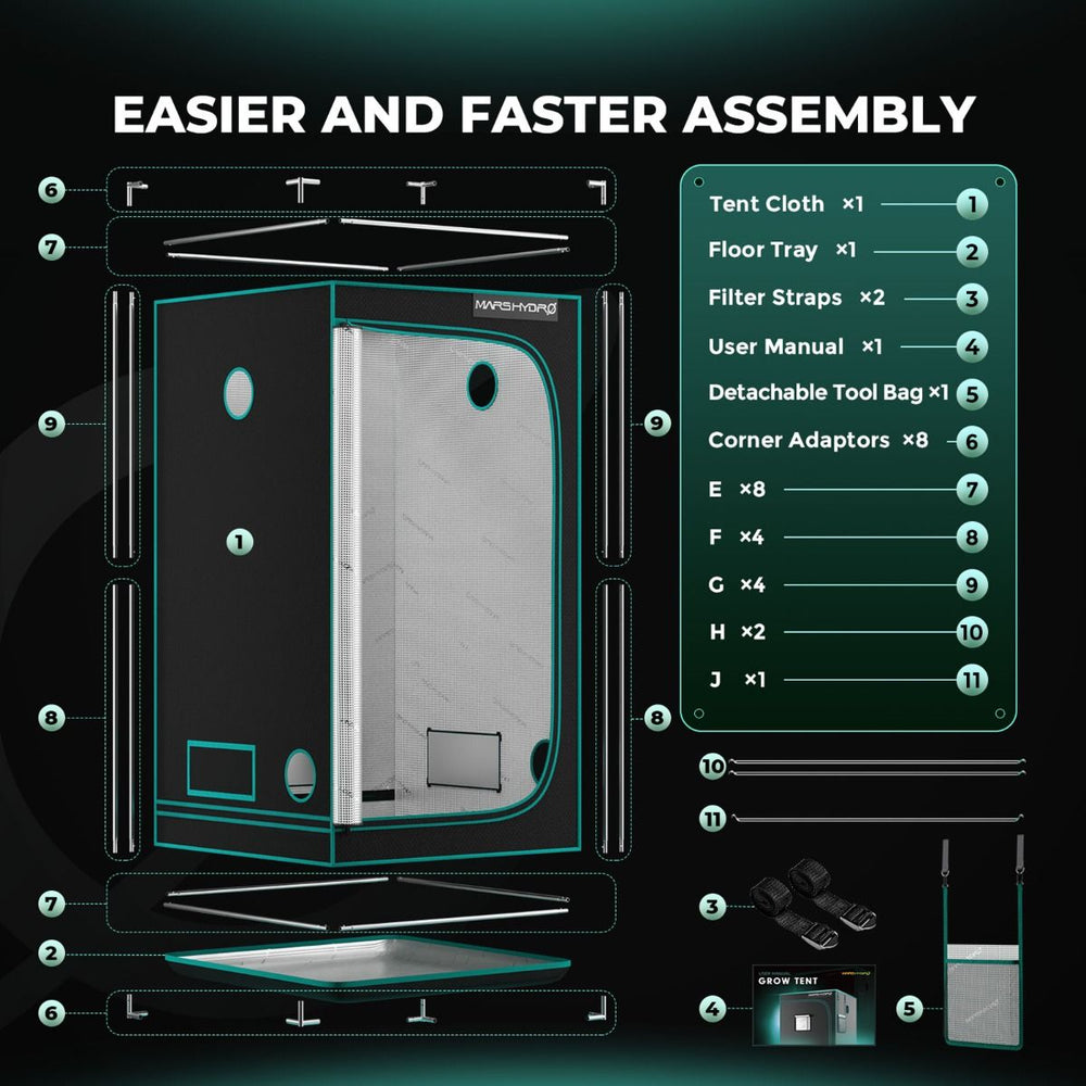  Mars Hydro TSW2000 300W LED 4x4 Complete Grow Tent Kit Glowing green grow tent with assembly parts and components on a black background