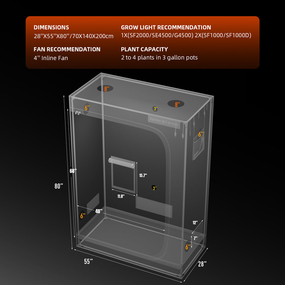 Spider Farmer 2.3x4.6x6.5 Smart Grow Tent Kit with G4500 LED, GGS Controller, Clear grow box with dimensions and recommendations on a black background