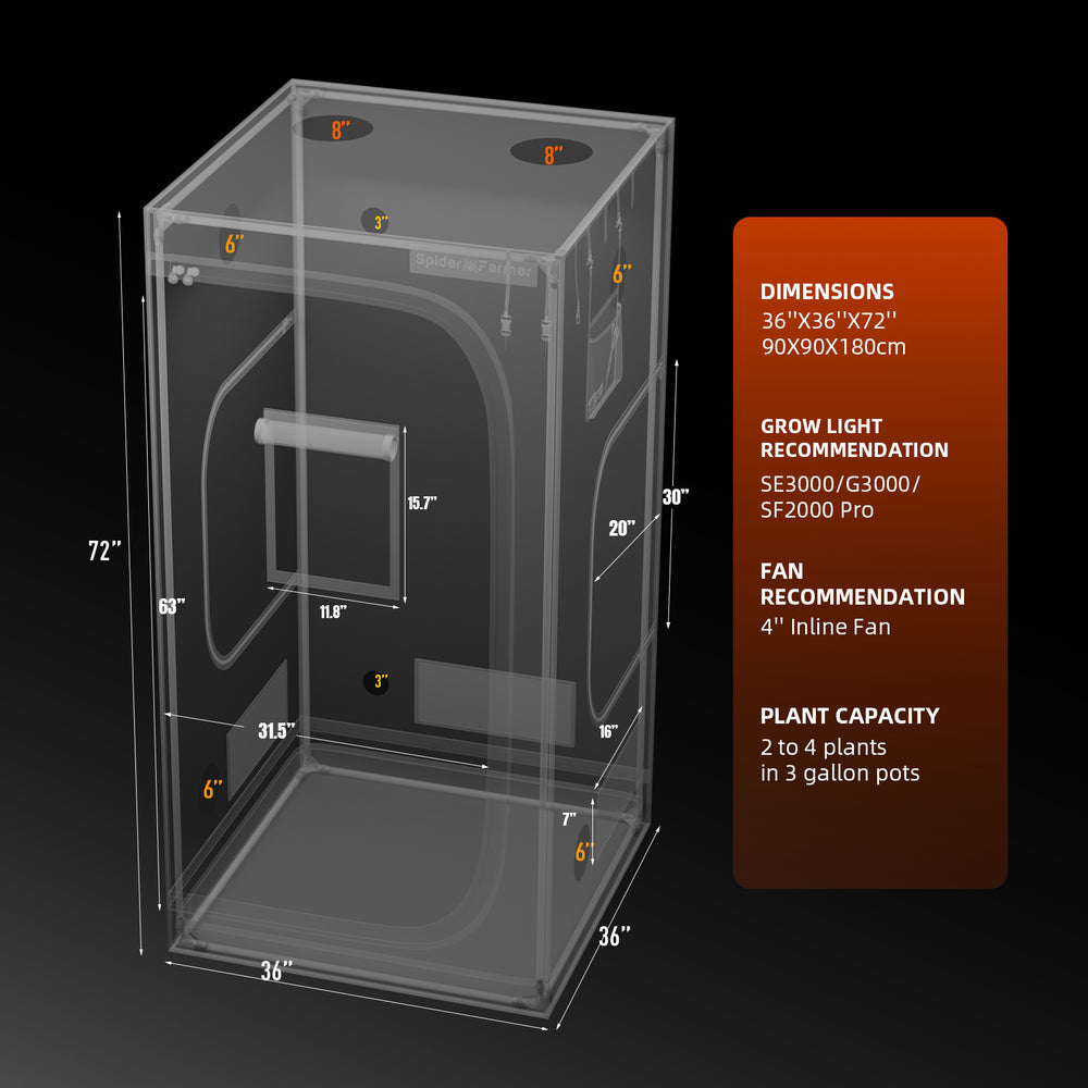 Spider Farmer 3x3x6 Grow Tent Kit – SF2000PRO EVO LED, Smart GGS Controller Transparent grow tent with dimensions and recommendations on a black background