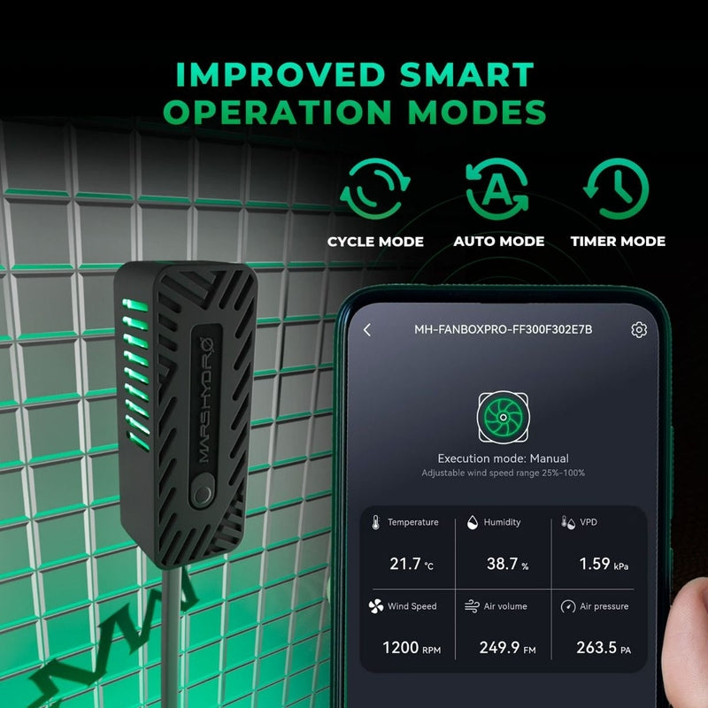 Mars Hydro iFresh 4" Inline Duct Fan & Carbon Filter Combo Smart device with app interface on a grid background, highlighting improved smart operation modes.