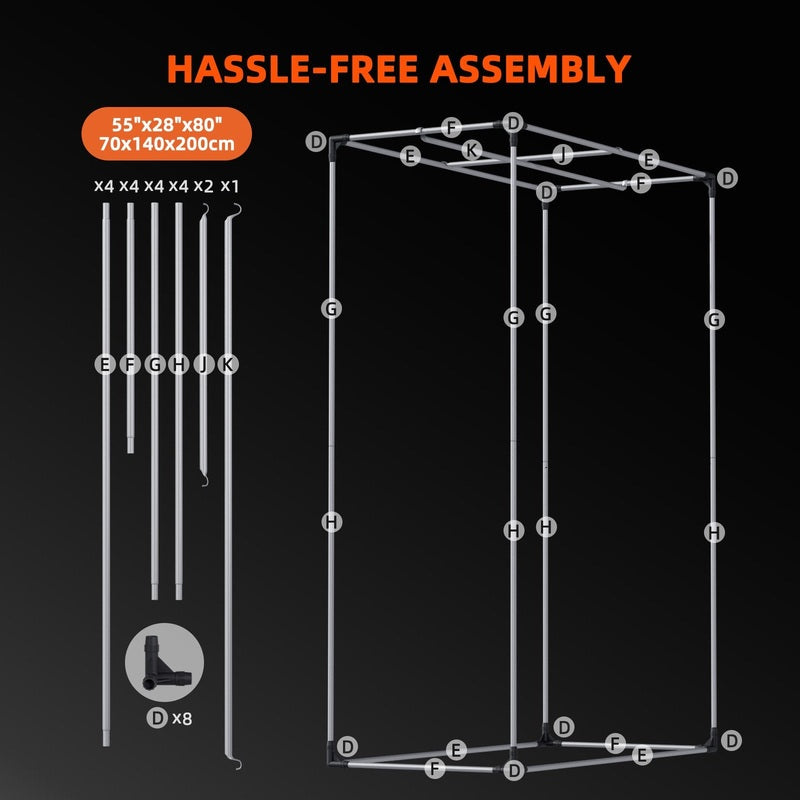 Spider Farmer® 4.6’x2.3’x6.5′ Grow Tent Diagram of a furniture assembly process with components labeled on a black background.