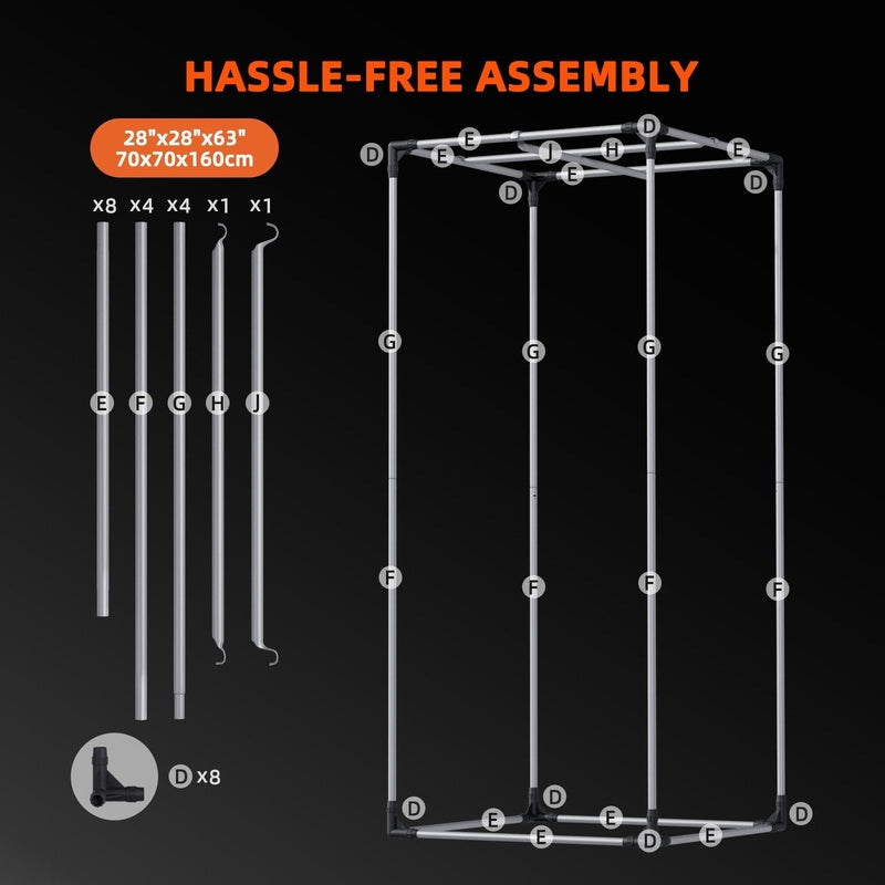 Spider Farmer® 2.3’x2.3’x5.2′ Grow Tent Diagram of a metal frame assembly with component list on a black background