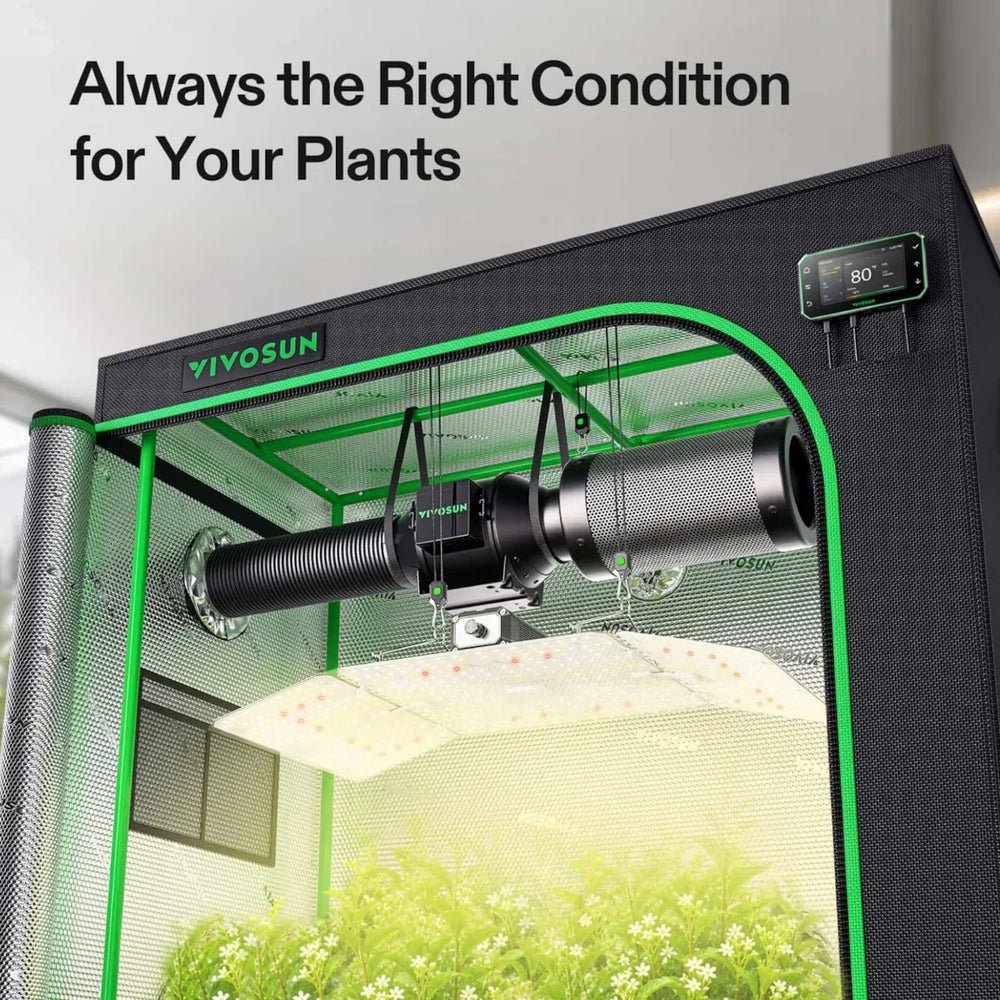 Vivosun 4x2 Smart Grow Tent Kit – 200W LumaLight & GrowHub E42A+ with a digital temperature controller, a mounted grow light, and green LED lighting illuminating plants inside, with the text 'Always the Right Condition for Your Plants' at the top.