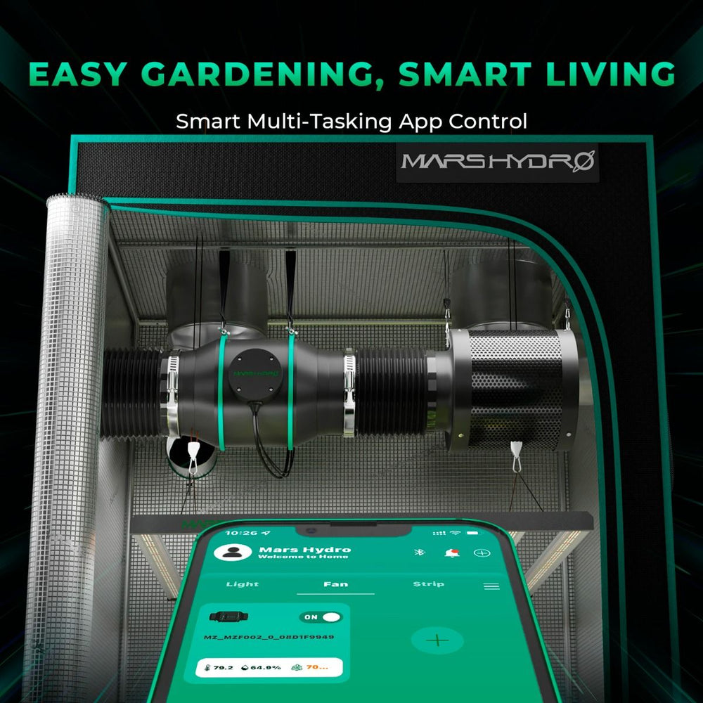 Mars Hydro FC1500 150W LED 2' x 2' Smart Complete Grow Tent Kit promotional photo showing that gardening is easier when things are automated 