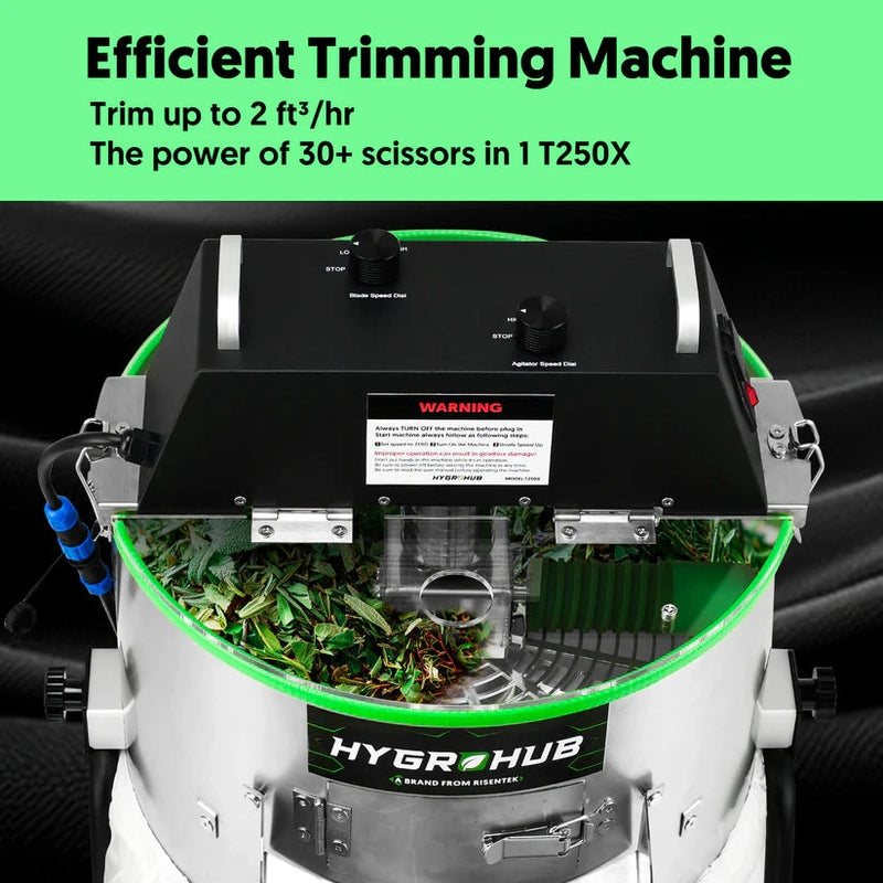 Hygrohub T250X Bud Trimmer trimming machine with text highlighting its efficiency and features.