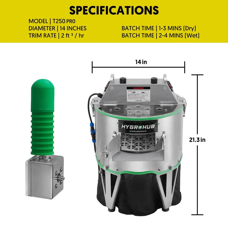 Hygrohub T250pro Bud Trimmer with specifications on a yellow and white background