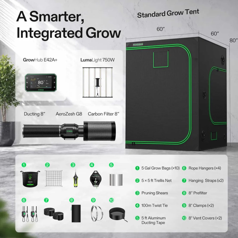 Vivosun 5x5 Smart Grow Tent Kit – 750W LumaLight & GrowHub E42A+ shown on a light gray background with product dimensions, feature callouts, and included accessories. The main product is a black grow tent with bright green trim and a front light panel.