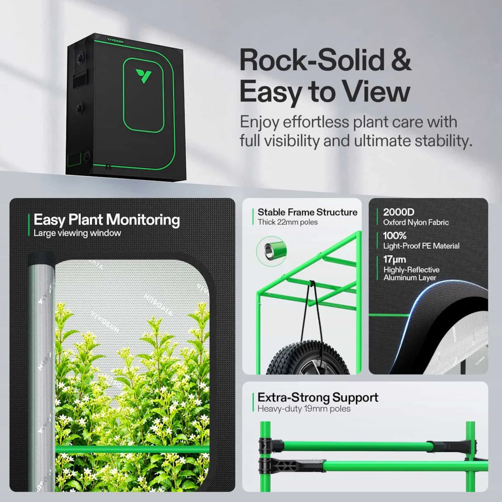 Vivosun 48x24x72 Pro grow tent with 2000D lightproof canvas, large viewing window, 22mm frame poles and reflective Mylar interior