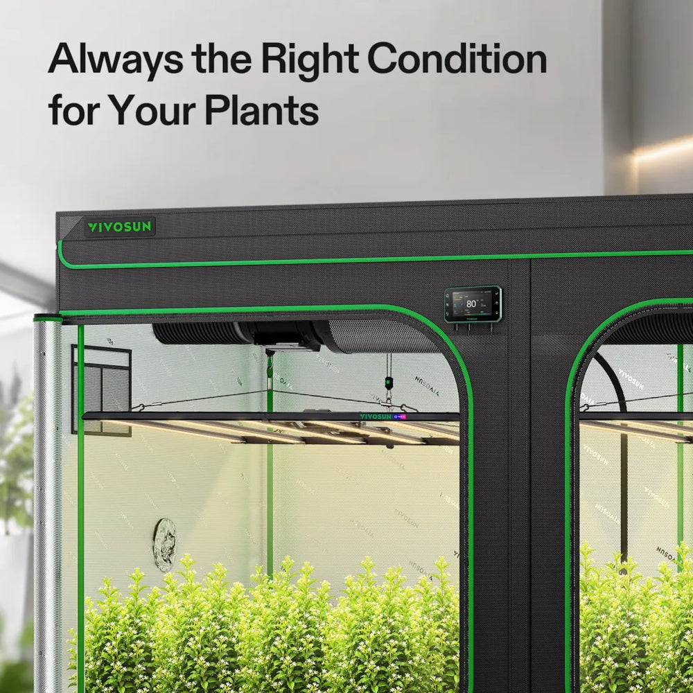 Vivosun 10x5 Smart Grow Tent Kit – 2x 750W LumaLight & GrowHub E42A+ with green trim and plants inside, shown with the text 'Always the Right Condition for Your Plants' on a light gray background.