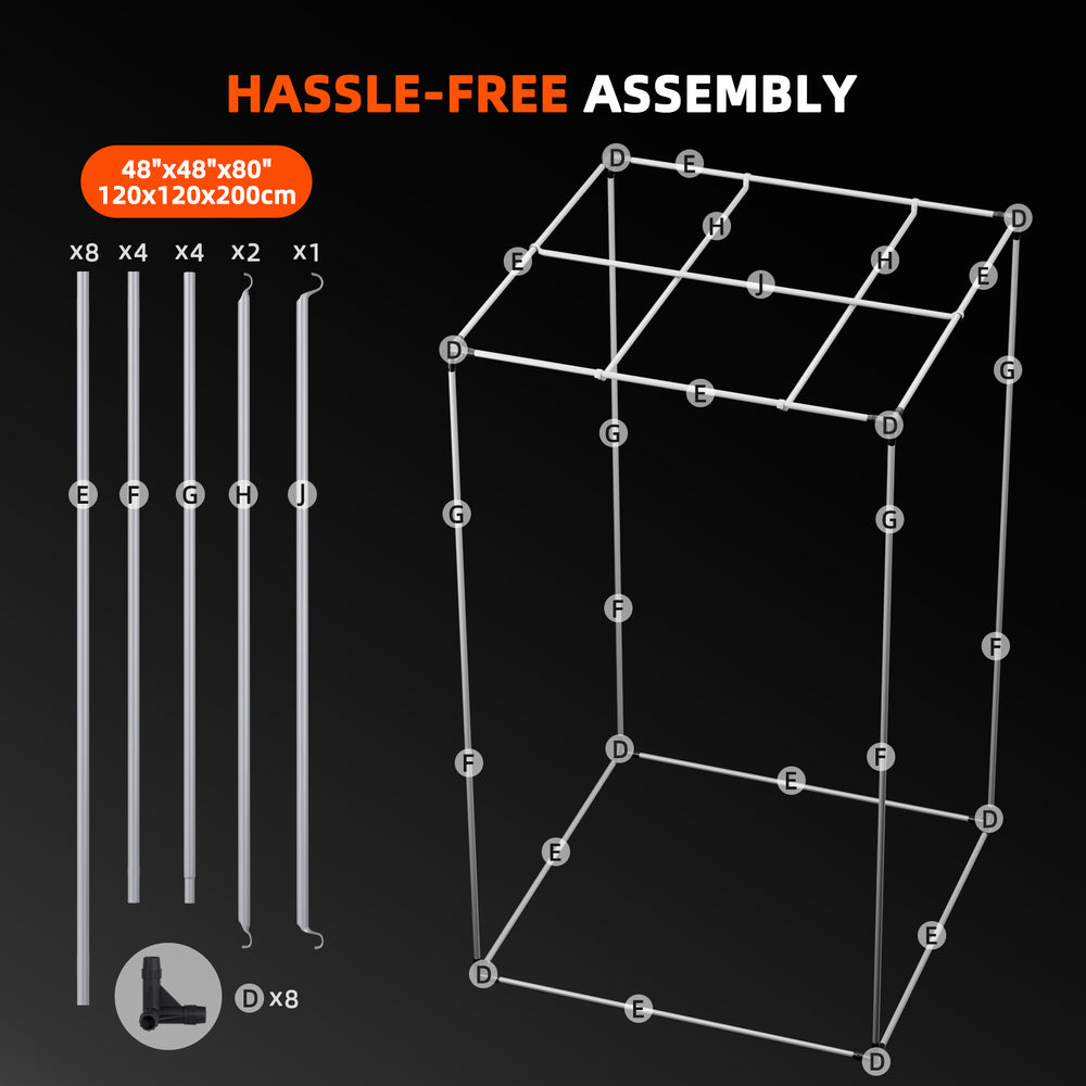 Spider Farmer G5000 4x4 Smart Grow Tent Kit – 480W Full Spectrum LED, App-Controlled Ventilation, GGS Climate System assembly process with components and text on a black background