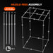 Spider Farmer G5000 4x4 Smart Grow Tent Kit – 480W Full Spectrum LED, App-Controlled Ventilation, GGS Climate System assembly process with components and text on a black background