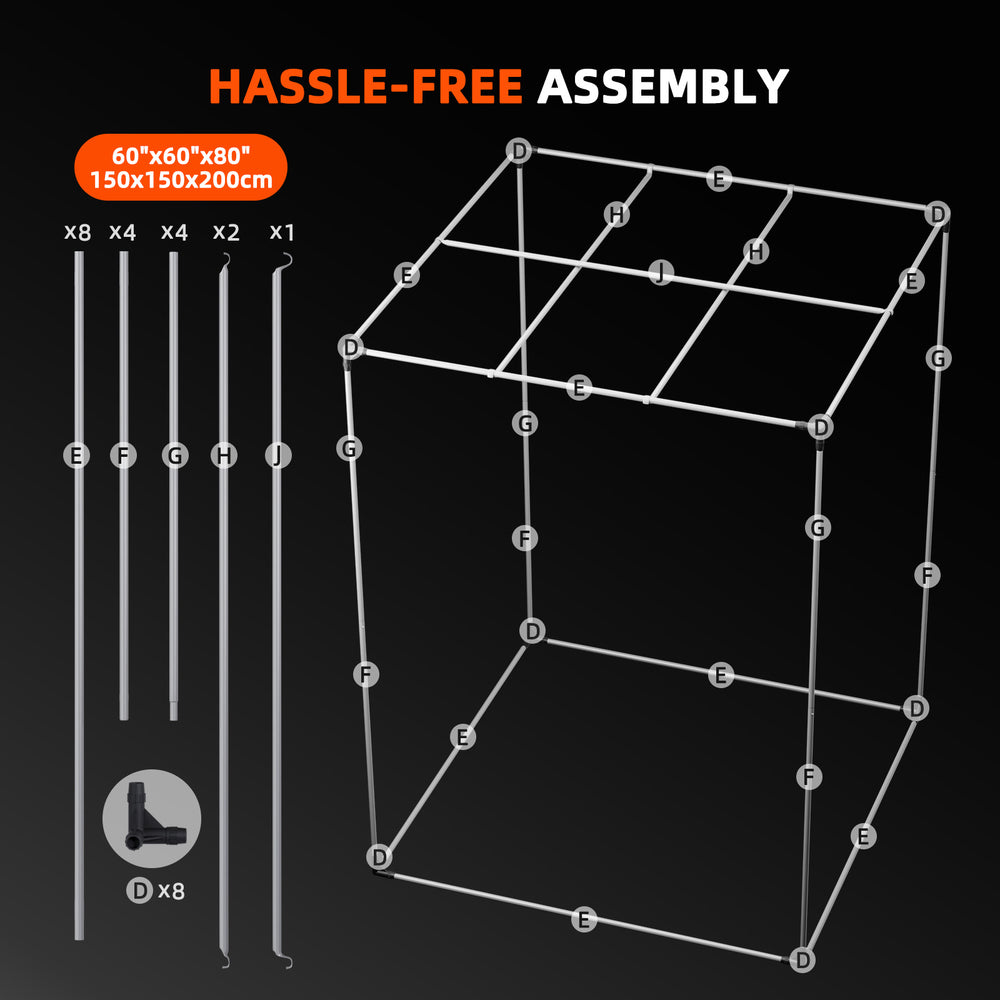 Spider Farmer 4x4x6 Grow Tent Kit – SE1000W EVO LED, Smart GGS Climate Control Diagram of a cube structure with assembly instructions on a black background