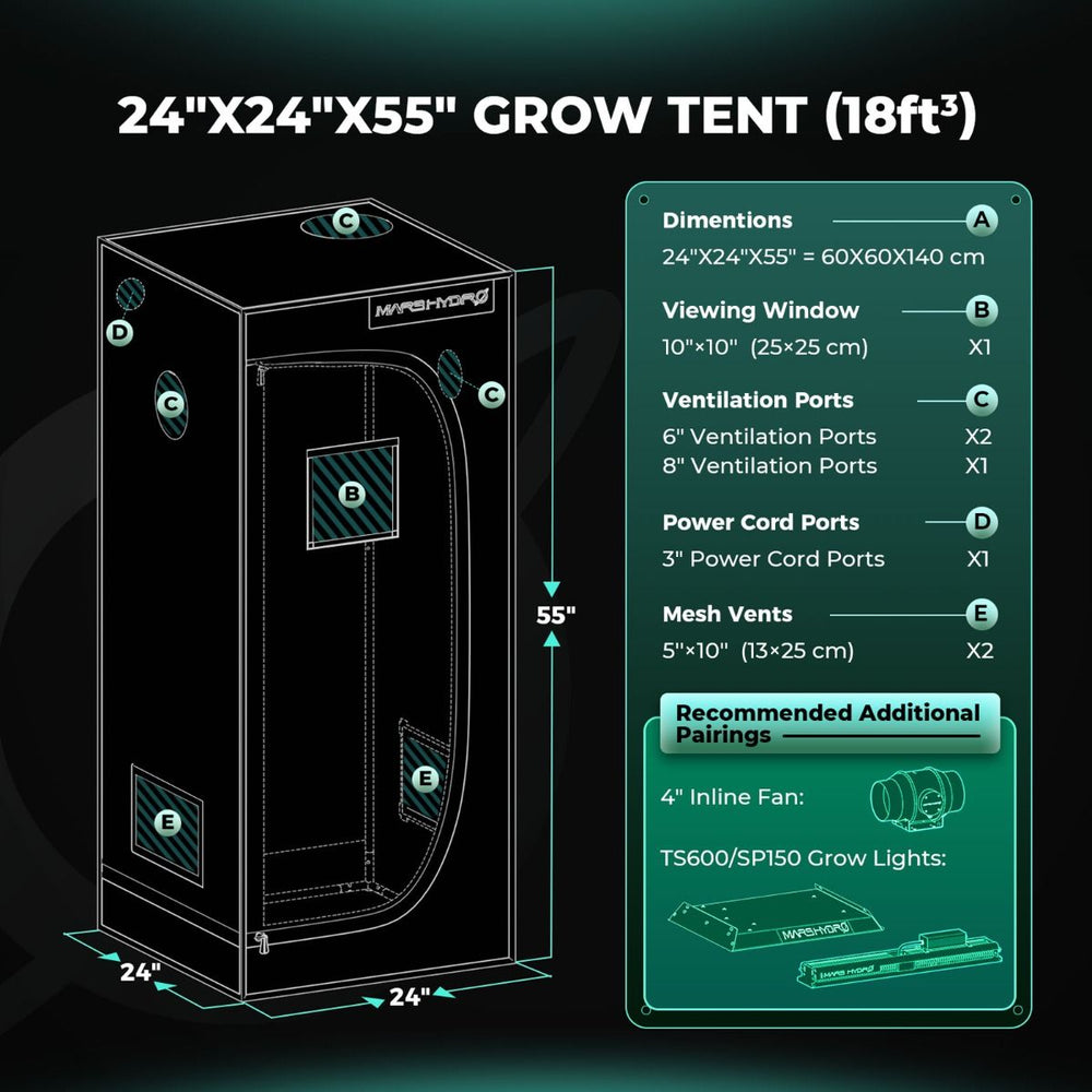 Mars Hydro TS600 2' × 2' Complete Grow Tent Kit – All-in-One Beginner Growing System Grow tent with dimensions and features on a dark background