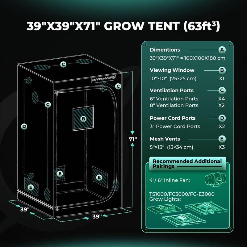 Mars Hydro FC3000-EVO 300W LED Grow Light + 3.3'x3.3' Grow Tent Kit