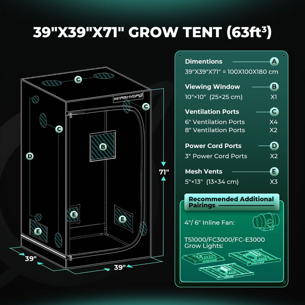 Mars Hydro FC3000 300W LED 3.3' x 3.3' Complete Grow Tent Kit Grow tent with dimensions and features on a dark background