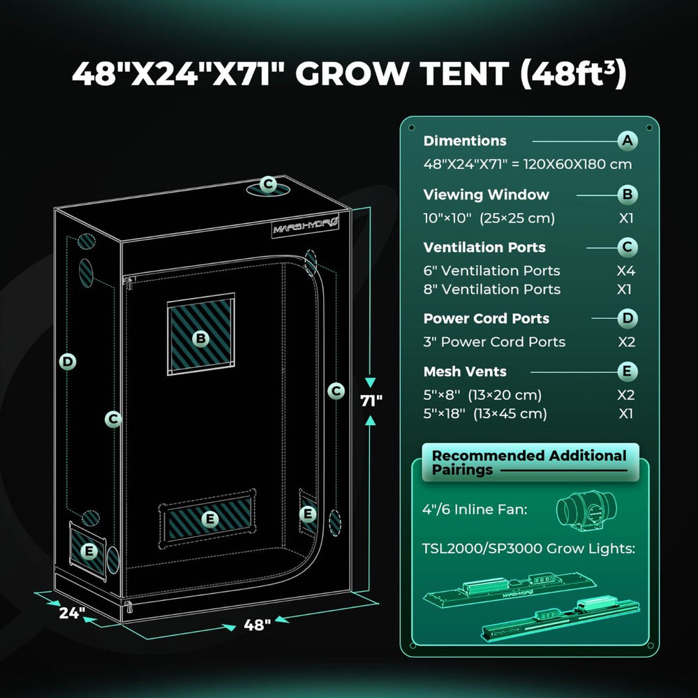 Mars Hydro FC4000 320W LED 2x4 Complete Grow Tent Kit Grow tent with dimensions and features on a dark background