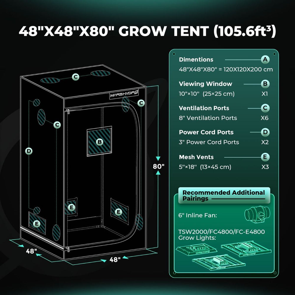 Mars Hydro TSW2000 300W LED 4x4 Complete Grow Tent Kit 48''x48''x80'' grow tent with dimensions and features on a dark background