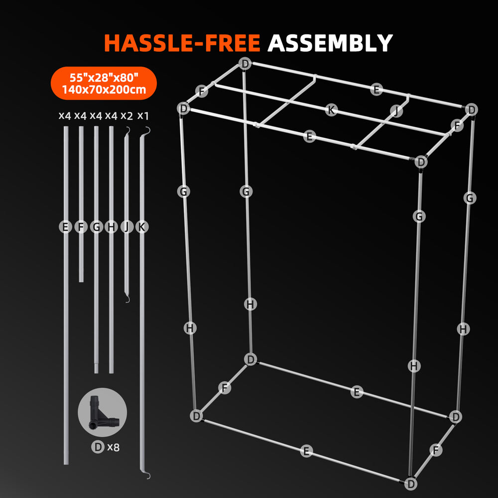 Spider Farmer 2.3x4.6x6.5 Smart Grow Tent Kit with G4500 LED, GGS Controller, Diagram of a furniture assembly process with components labeled on a black background.