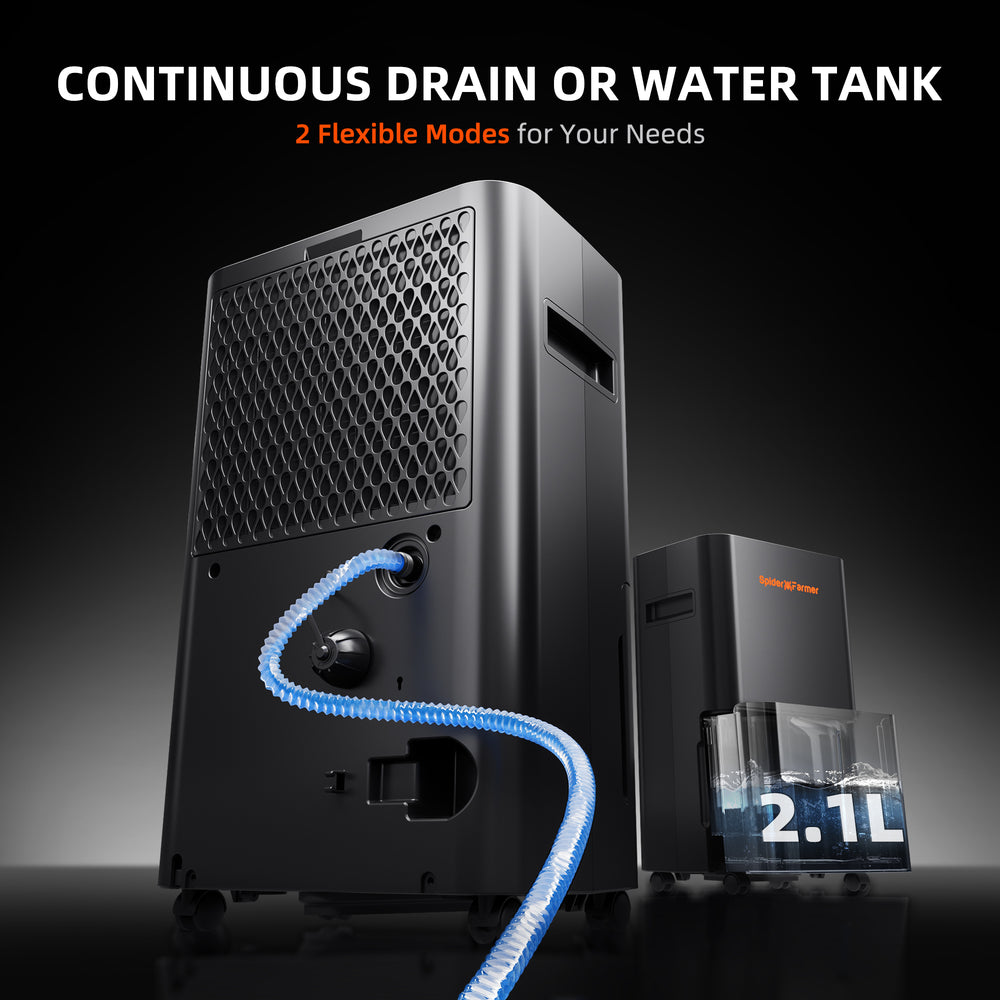 Spider Farmer 32-Pint Dehumidifier – Smart Humidity Control for Grow Tents Black water tank with blue hose and text about continuous drain or water tank modes on a dark background