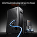 Spider Farmer 32-Pint Dehumidifier – Smart Humidity Control for Grow Tents Black water tank with blue hose and text about continuous drain or water tank modes on a dark background