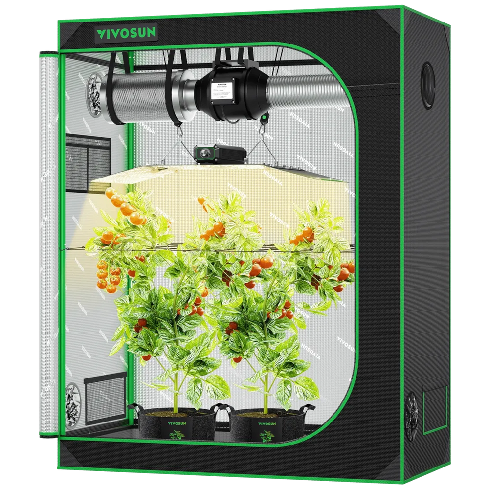 Vivosun 4x2 Starter Grow Tent Kit – 200W LumaLight & GrowHub A22 indoor vertical garden tent with green trim, featuring a transparent door, three tiers of potted tomato plants with ripe red tomatoes, and a built-in LED grow light system.