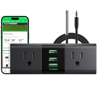 Vivosun GrowHub A22 Controller – Smart WiFi Environmental Control, accompanied by a smartphone displaying an app interface.