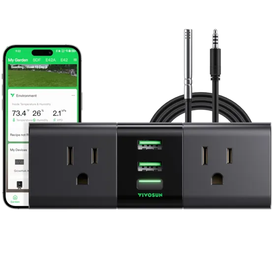 Vivosun GrowHub A22 Controller – Smart WiFi Environmental Control, accompanied by a smartphone displaying an app interface.