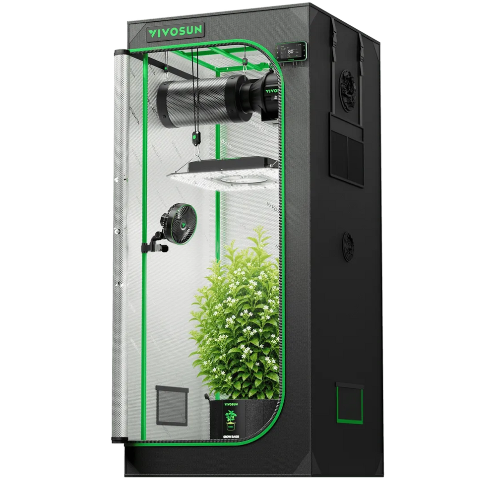 Vivosun 2.3x2.3 Smart Grow Tent Kit Pro with AeroLight Gen2 180W, GrowHub E42A+, AeroZesh T4 and AeroWave E6 in use