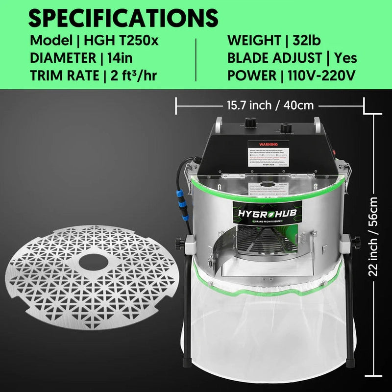 Hygrohub T250X Bud Trimmer with specifications and dimensions on a green and black background
