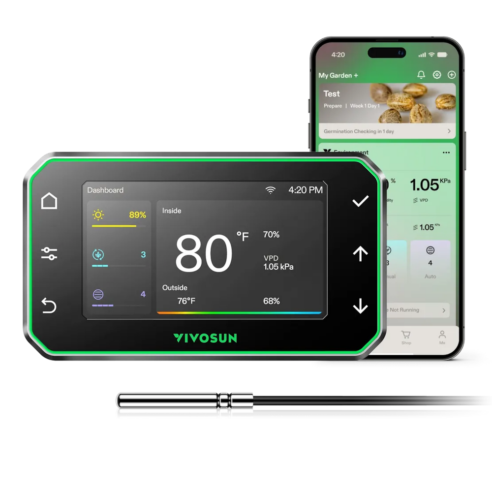 Vivosun GrowHub Controller E42A+ – Smart WiFi Environmental Control System with digital display and smartphone app on a white background