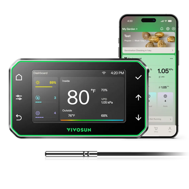 Vivosun GrowHub Controller E42A+ – Smart WiFi Environmental Control System with digital display and smartphone app on a white background