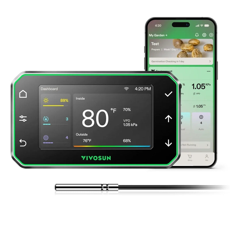 Vivosun GrowHub Controller E42A+ – Smart WiFi Environmental Control System with digital display and smartphone app on a white background