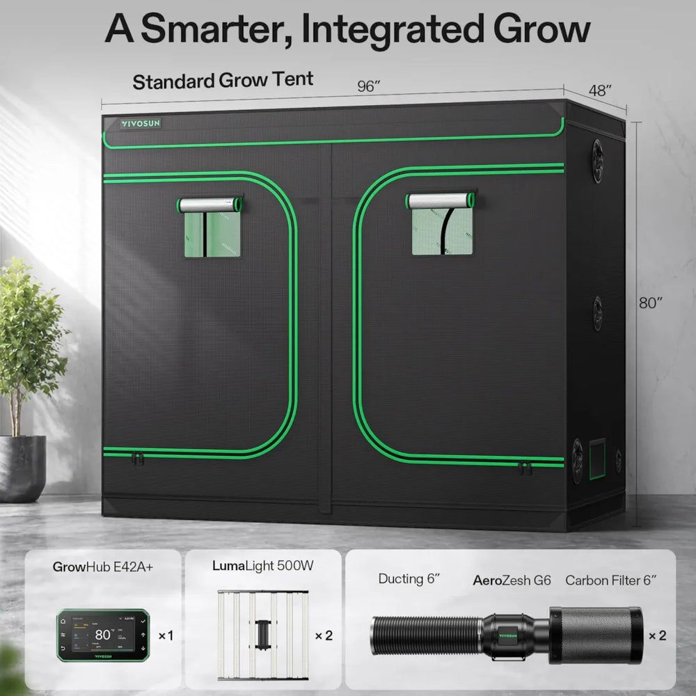 Vivosun 8x4 Smart Grow Tent Kit – 2x 500W LumaLight & GrowHub E42A+ with green trim and dual door windows, shown with dimension labels and accessory callouts below on a light gray background.