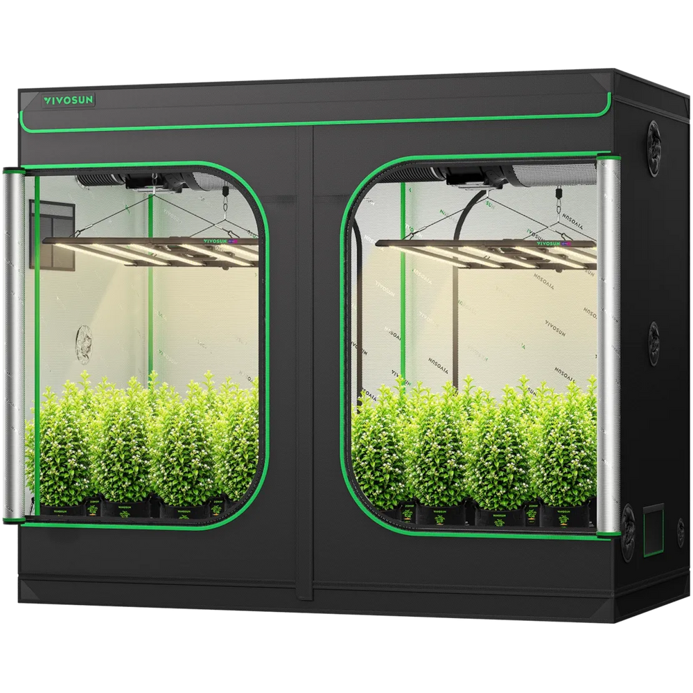 Vivosun 8x4 Smart Grow Tent Kit – 2x 500W LumaLight & GrowHub E42A+ A black dual-door indoor garden grower's tent with green trim and transparent glass doors, shown with bright green plants inside under grow lights. The brand name 'Vivosun' is visible on the top left corner.