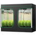 Vivosun 8x4 Smart Grow Tent Kit – 2x 500W LumaLight & GrowHub E42A+ A black dual-door indoor garden grower's tent with green trim and transparent glass doors, shown with bright green plants inside under grow lights. The brand name 'Vivosun' is visible on the top left corner.
