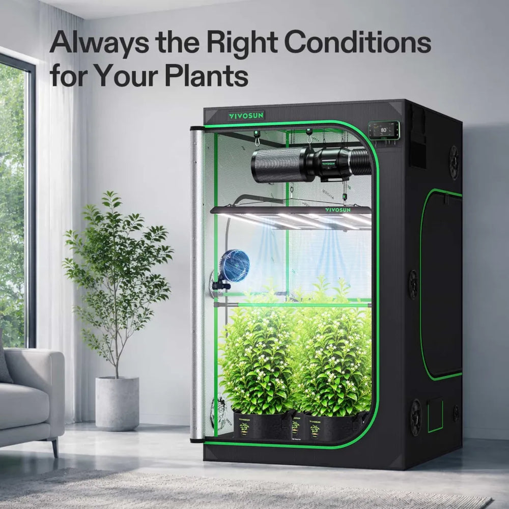 Vivosun 4x4 Smart Grow Tent Kit Pro growing plants under AeroLight Gen2 550W with smart ventilation and airflow control