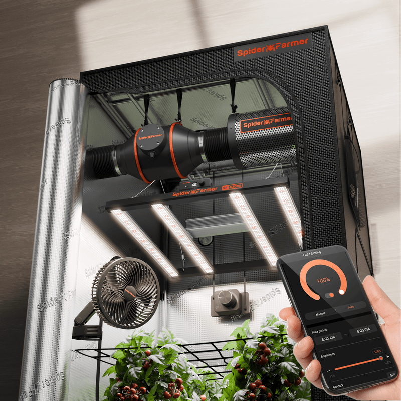 Spider Farmer G3000 Complete Grow Tent Kit front view with LED lights and a smartphone app control