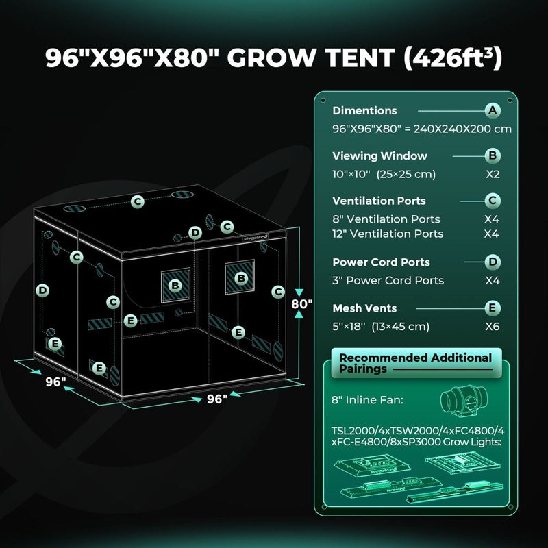 Mars Hydro 8'x8' Grow Tent – 96"x96"x80" Hydroponic Indoor Tent for 16–36 Plants
