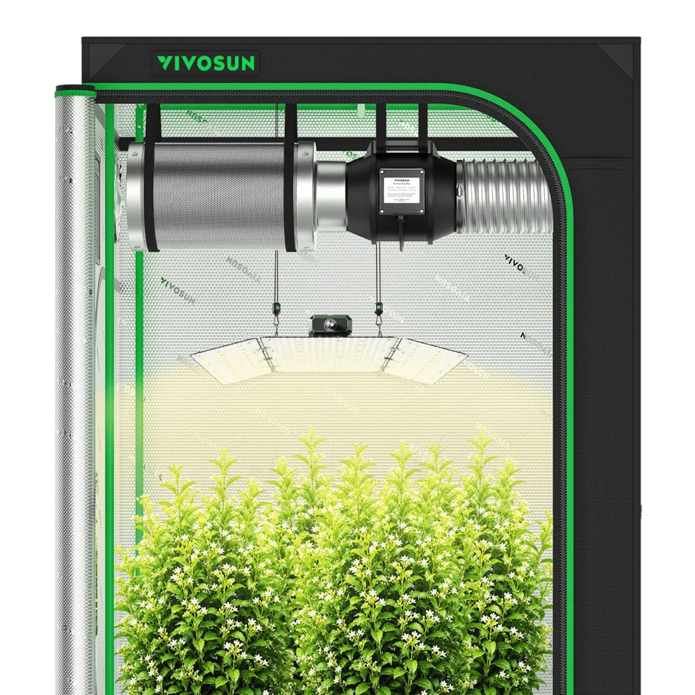 Vivosun 4x4 Starter Grow Tent Kit – 400W LumaLight & GrowHub A22 with a black frame, green trim, mesh screen, and a hanging LED light fixture above a dense green plant.