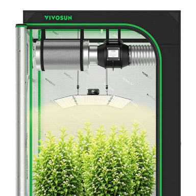 Vivosun 4x4 Starter Grow Tent Kit – 400W LumaLight & GrowHub A22 with a black frame, green trim, mesh screen, and a hanging LED light fixture above a dense green plant.