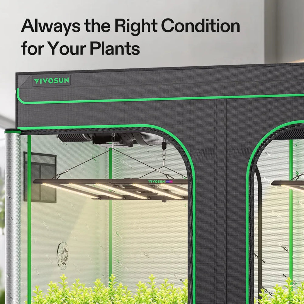 Vivosun 8x4 Smart Grow Tent Kit – 2x 500W LumaLight & GrowHub E42A+ indoor garden tent with a dark gray frame, green trim, and visible plants inside, shown with the text 'Always the Right Condition for Your Plants' at the top.