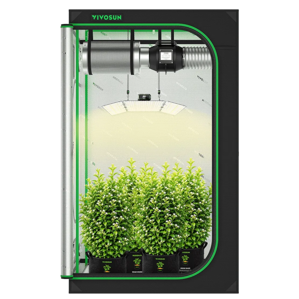 Vivosun 4x4 Starter Grow Tent Kit – 400W LumaLight & GrowHub A22 Y with three green plants in black pots, shown against a white background.