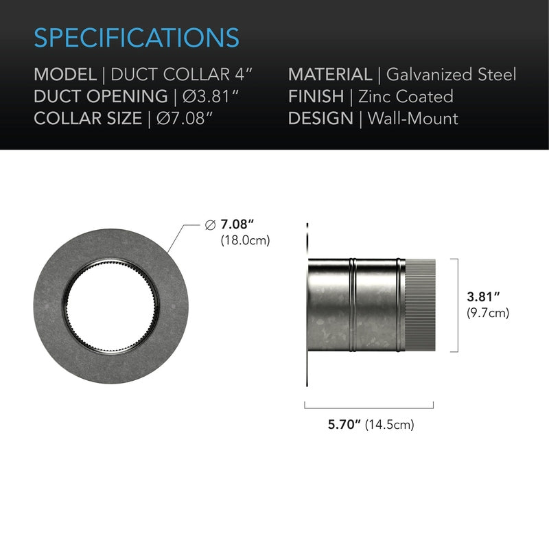 AC Infinity Ducting Collar, 4-Inch, Galvanized Steel specifications 