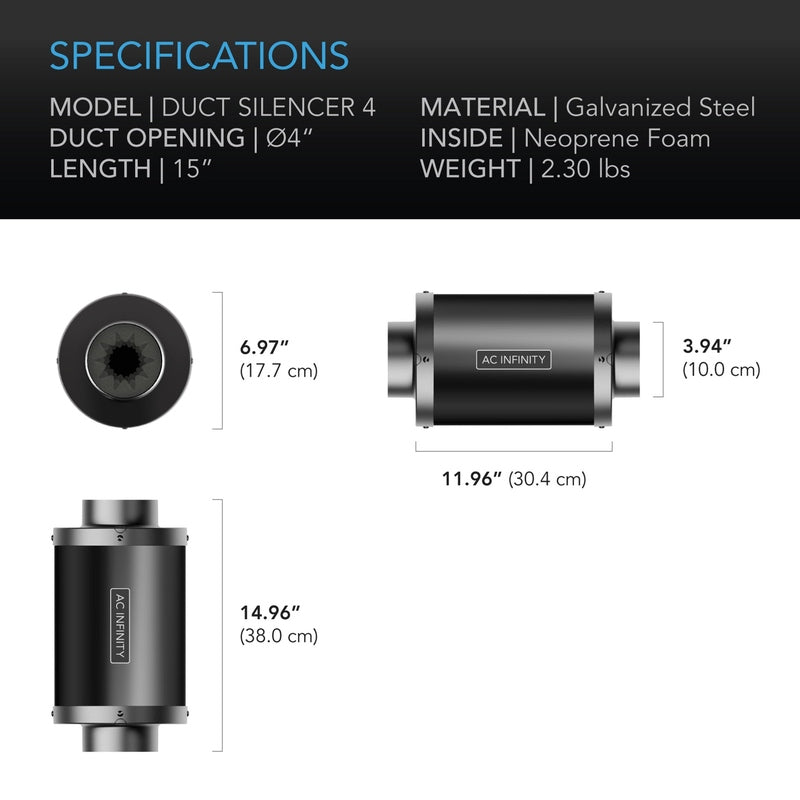 AC Infinity Inline Duct Silencer, 4-Inch specifications 